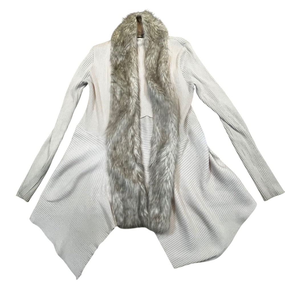 Absolutely Famous Womens Cream Ribbed Faux Fur Collar Sharkbite‎ Cardigan Large